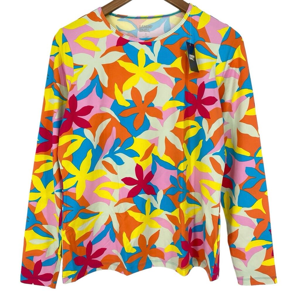 LANDS END NWT Colorful Geometric Floral Long Sleeve Rash Guard Swim Top Size XS